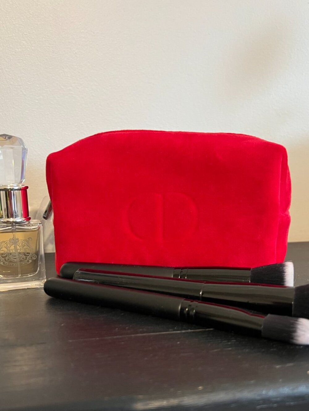 Christian Dior Red Velour Cosmetic Pouch Vanity Bag Travel Case